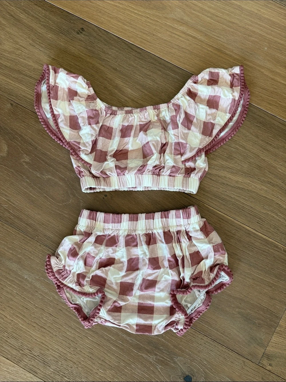 kate quinn Pink and off-white Gingham Ruffle Two-Piece Set